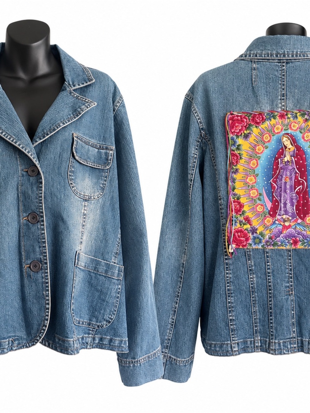 Paris Blues Y2K Denim Jacket 2X Virgin Mary Guadalupe Back Patch Boho